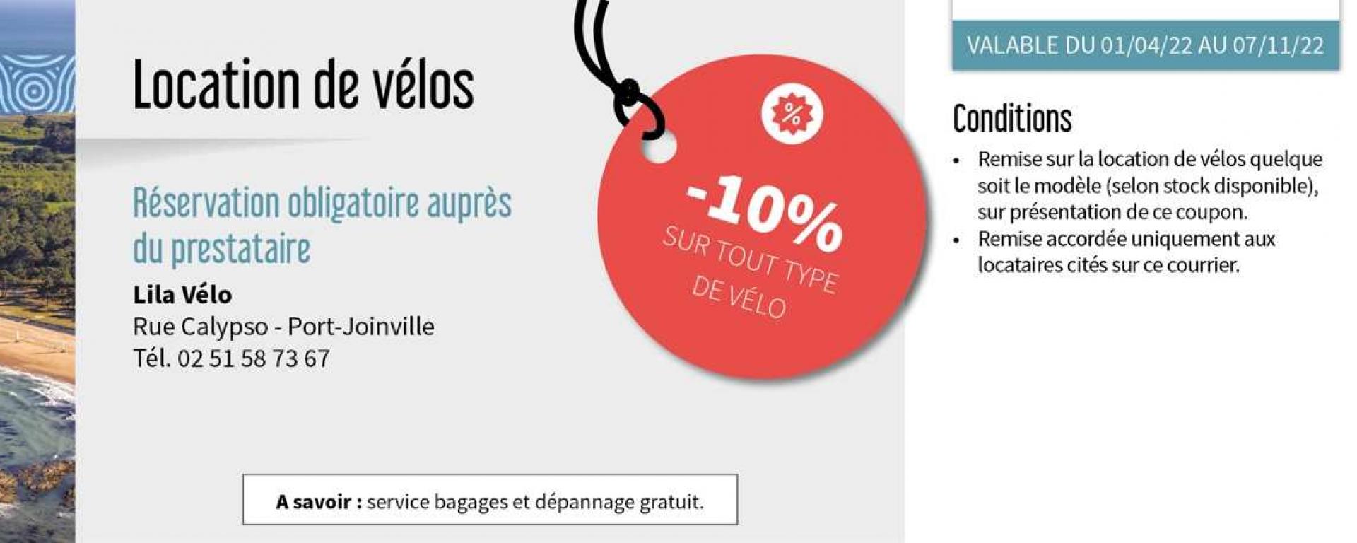 Bénéficiez de remises sur la location de vélo auprès du Lila vélo en réservant une location affichant le logo rouge remise dans le parc de la Centrale de réservation de l'Office de Tourisme