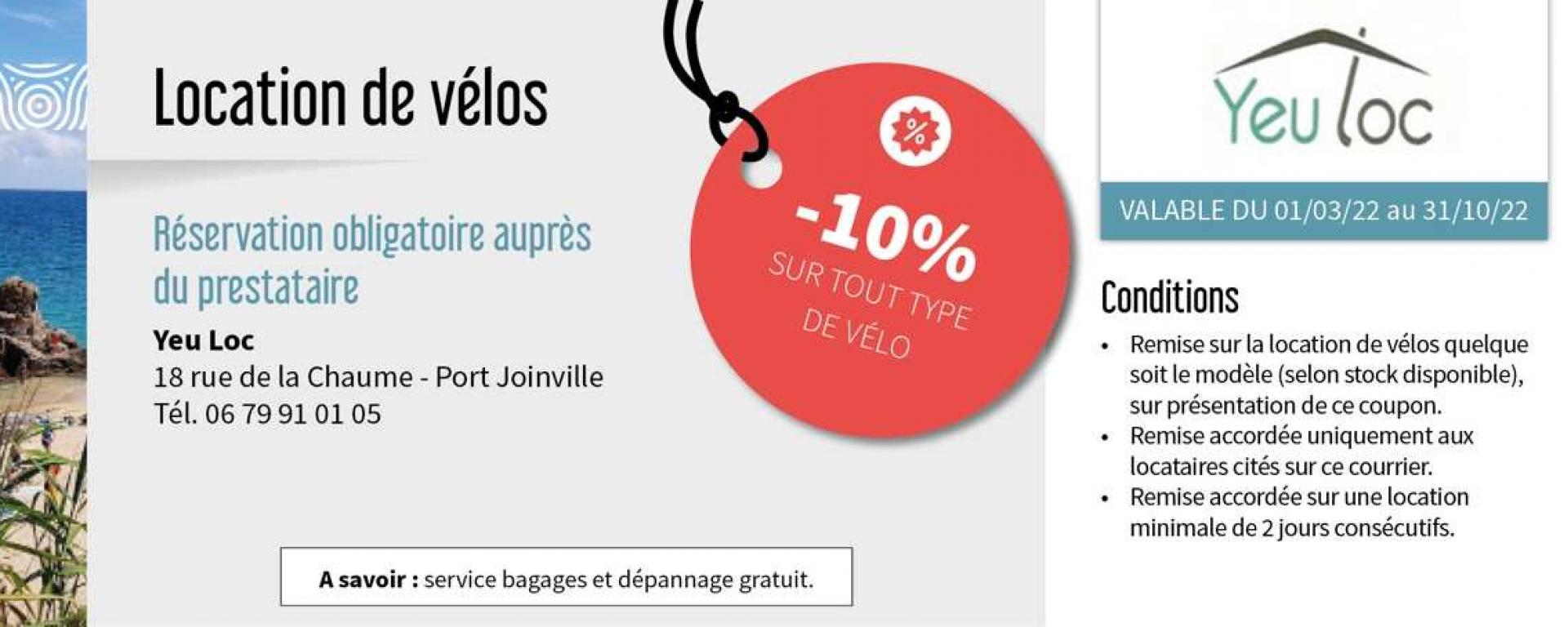 Bénéficiez de remises sur la location de vélo auprès de Yeu Loc en réservant une location affichant le logo rouge remise dans le parc de la Centrale de réservation de l'Office de Tourisme
