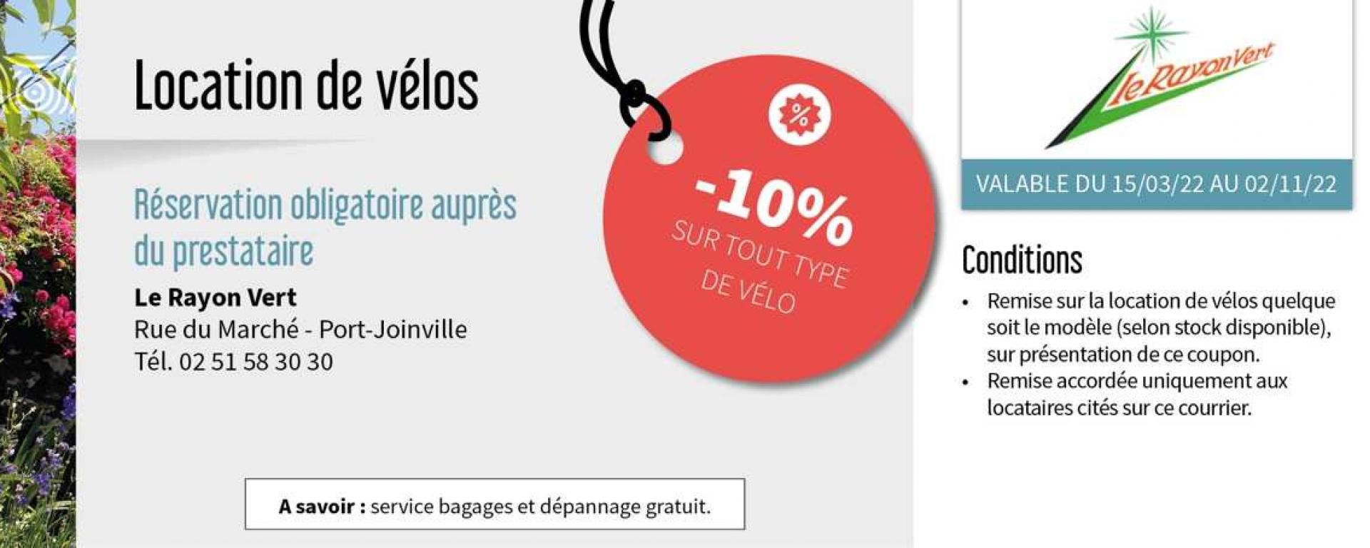 Bénéficiez de remises sur la location de vélo auprès du Rayon Vert en réservant une location affichant le logo rouge remise dans le parc de la Centrale de réservation de l'Office de Tourisme