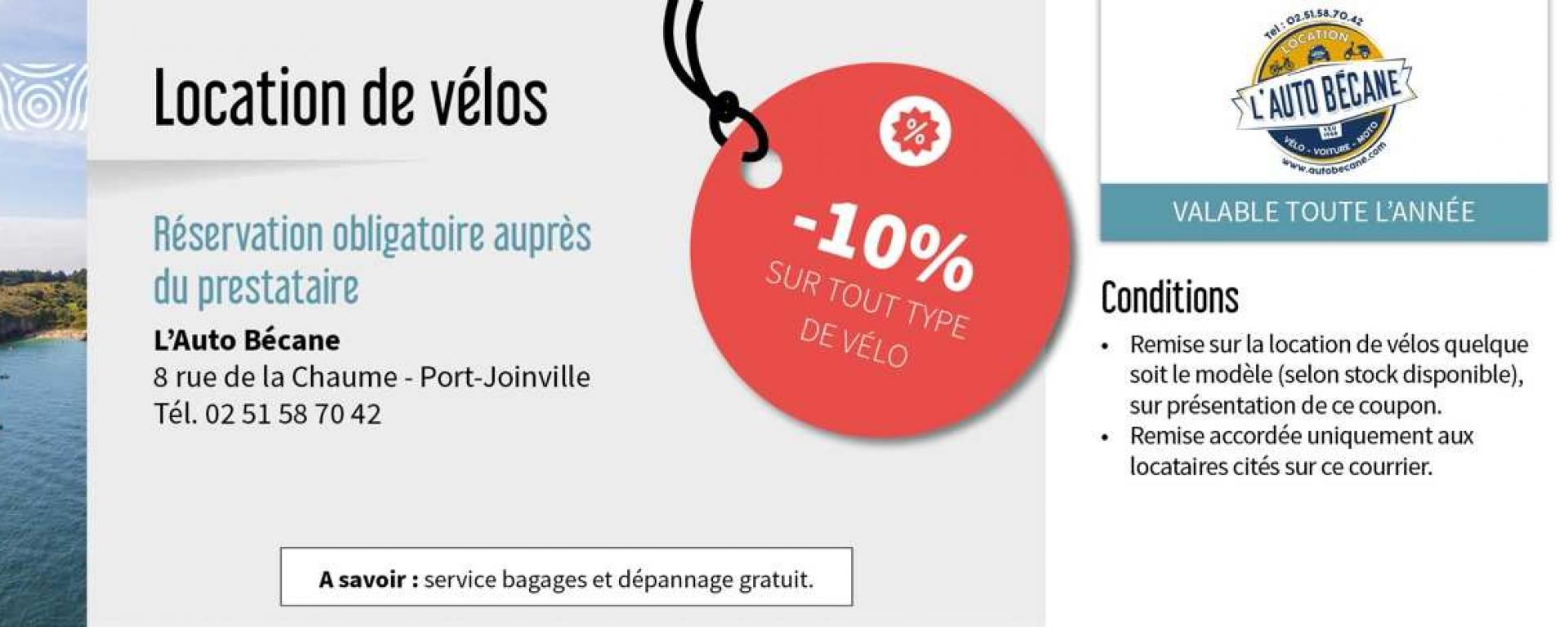 Bénéficiez de remises sur la location de vélo auprès de L'Auto Bécane en réservant une location affichant le logo rouge remise dans le parc de la Centrale de réservation de l'Office de Tourisme