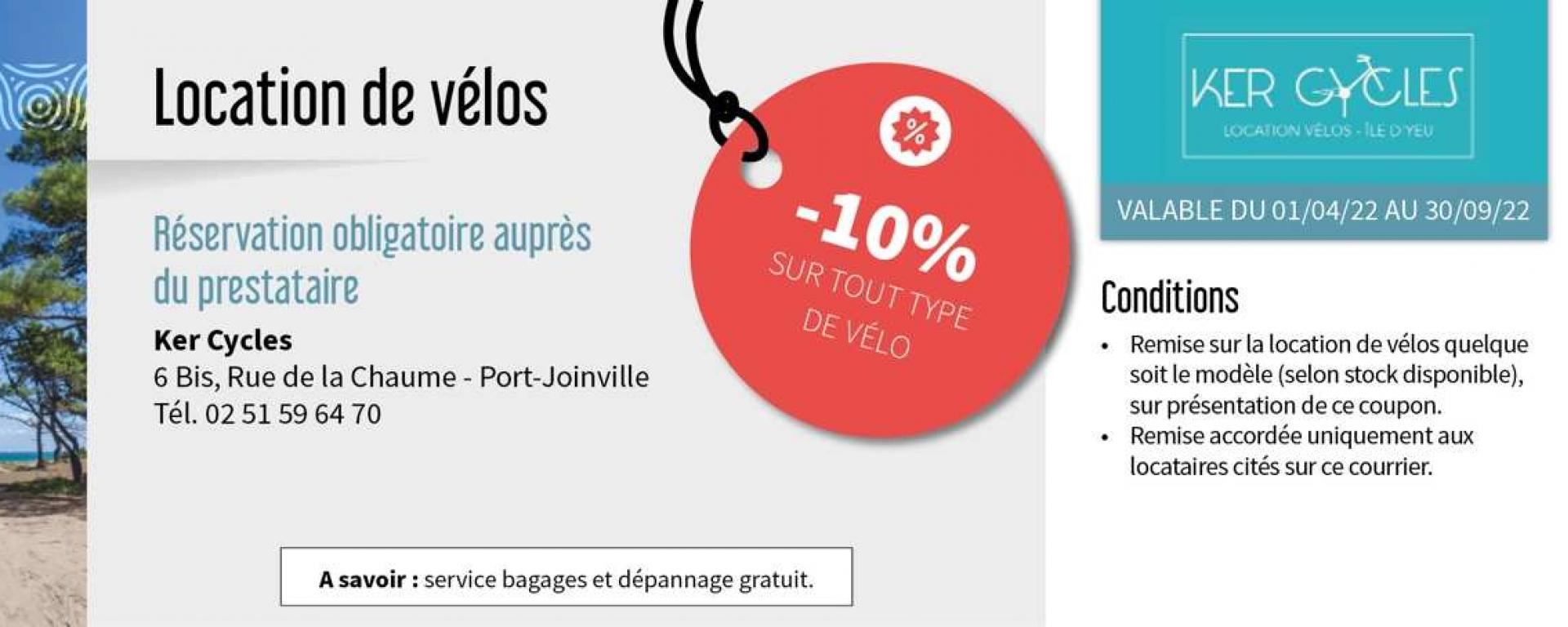 Bénéficiez de remises sur la location de vélo auprès du Ker Cycles en réservant une location affichant le logo rouge remise dans le parc de la Centrale de réservation de l'Office de Tourisme