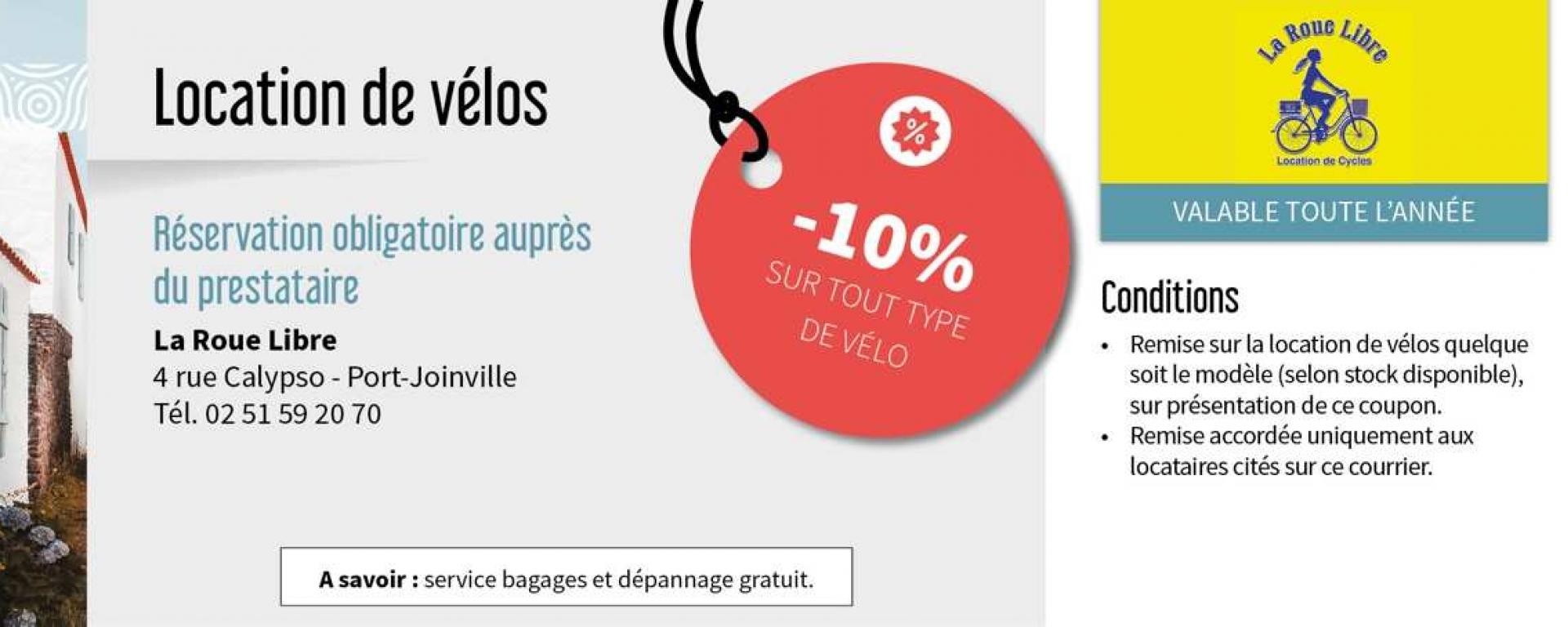 Bénéficiez de remises sur la location de vélo auprès de la Roue Libre en réservant une location affichant le logo rouge remise dans le parc de la Centrale de réservation de l'Office de Tourisme