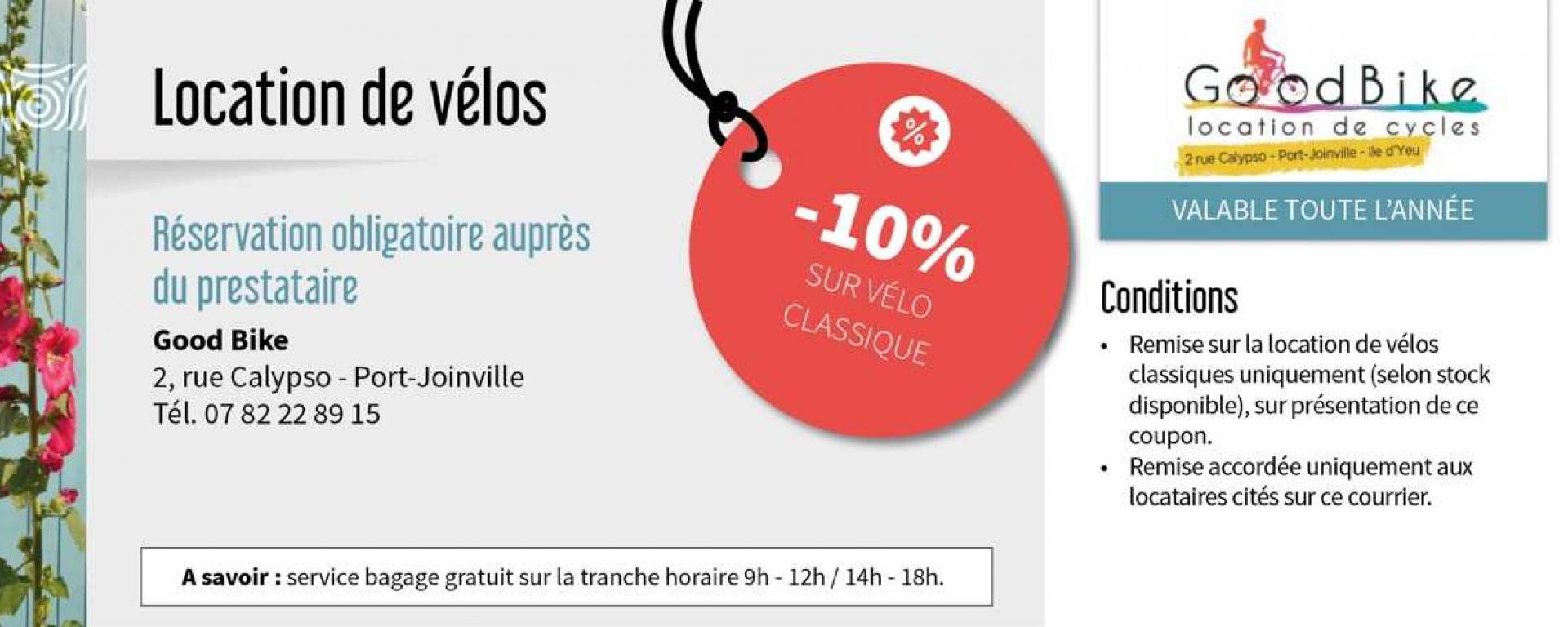 Bénéficiez de remises sur la location de vélo auprès de Good Bike en réservant une location affichant le logo rouge remise dans le parc de la Centrale de réservation de l'Office de Tourisme